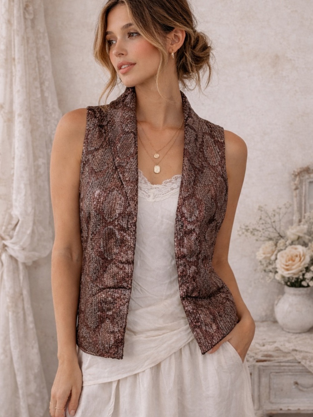 Vintage Sequin Vest Brown Snakeskin Shabby Chic Boho Western